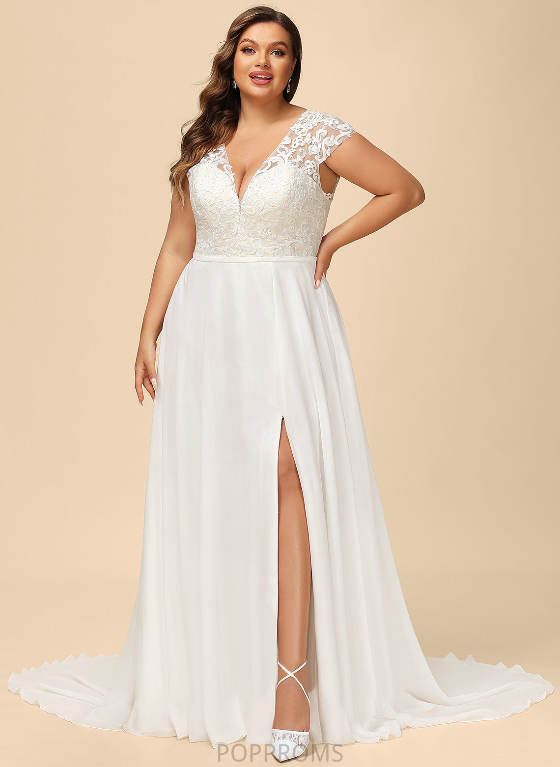 Sweep Split With Lace Front Train A-Line V-neck Wedding Dress Wedding Dresses Simone Chiffon