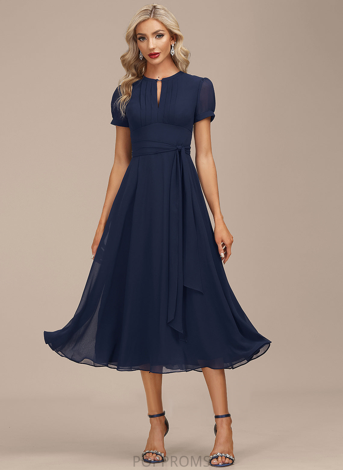 Cocktail Nina Neck Tea-Length Scoop Chiffon Ruffle A-Line Dress With Cocktail Dresses