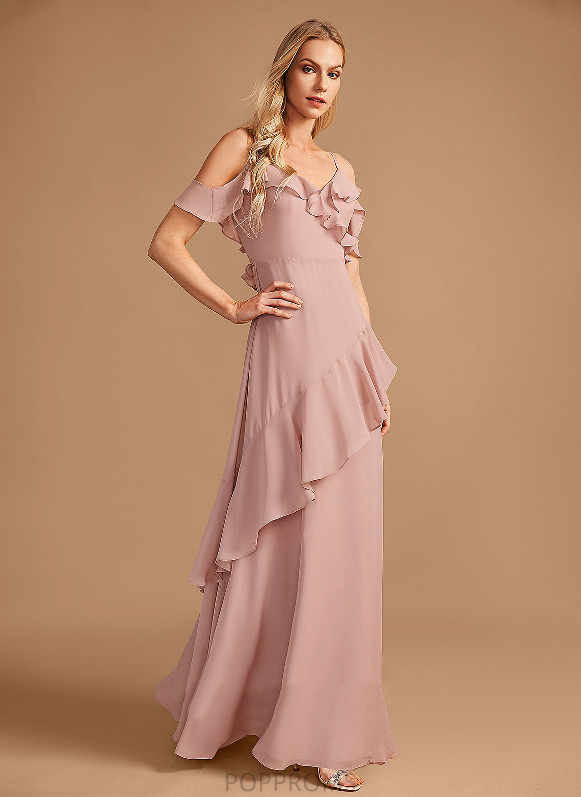 Floor-Length Ruffle Silhouette Length A-Line Embellishment Neckline Fabric V-neck Melody V-Neck Natural Waist Bridesmaid Dresses