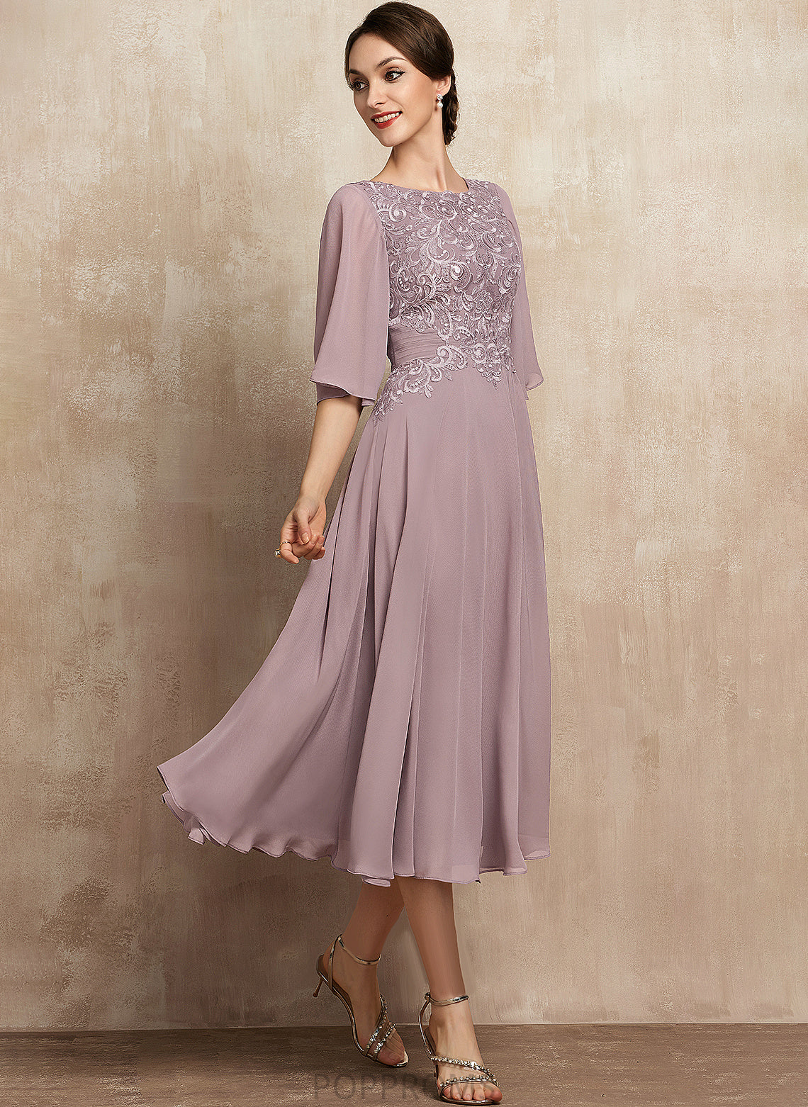 Scoop Bride Mother of the Bride Dresses Chiffon Kathleen Mother the A-Line Lace Neck Tea-Length Dress of