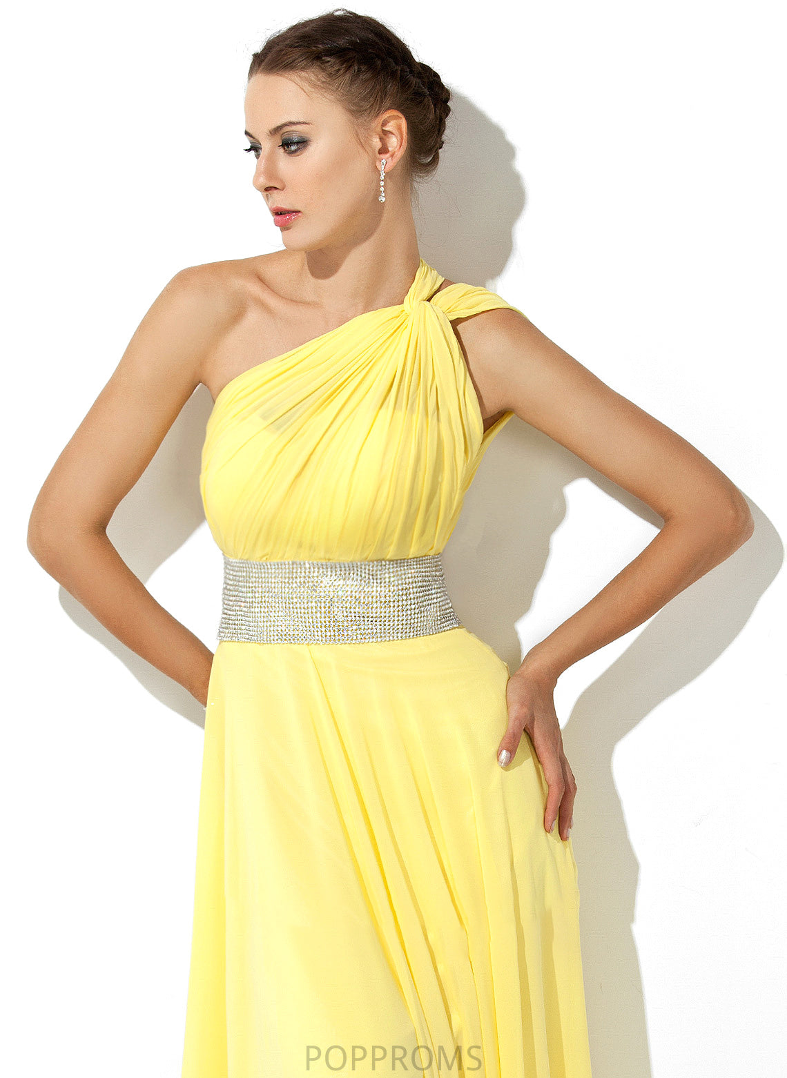 With A-Line Floor-Length One-Shoulder Sara Beading Chiffon Ruffle Prom Dresses