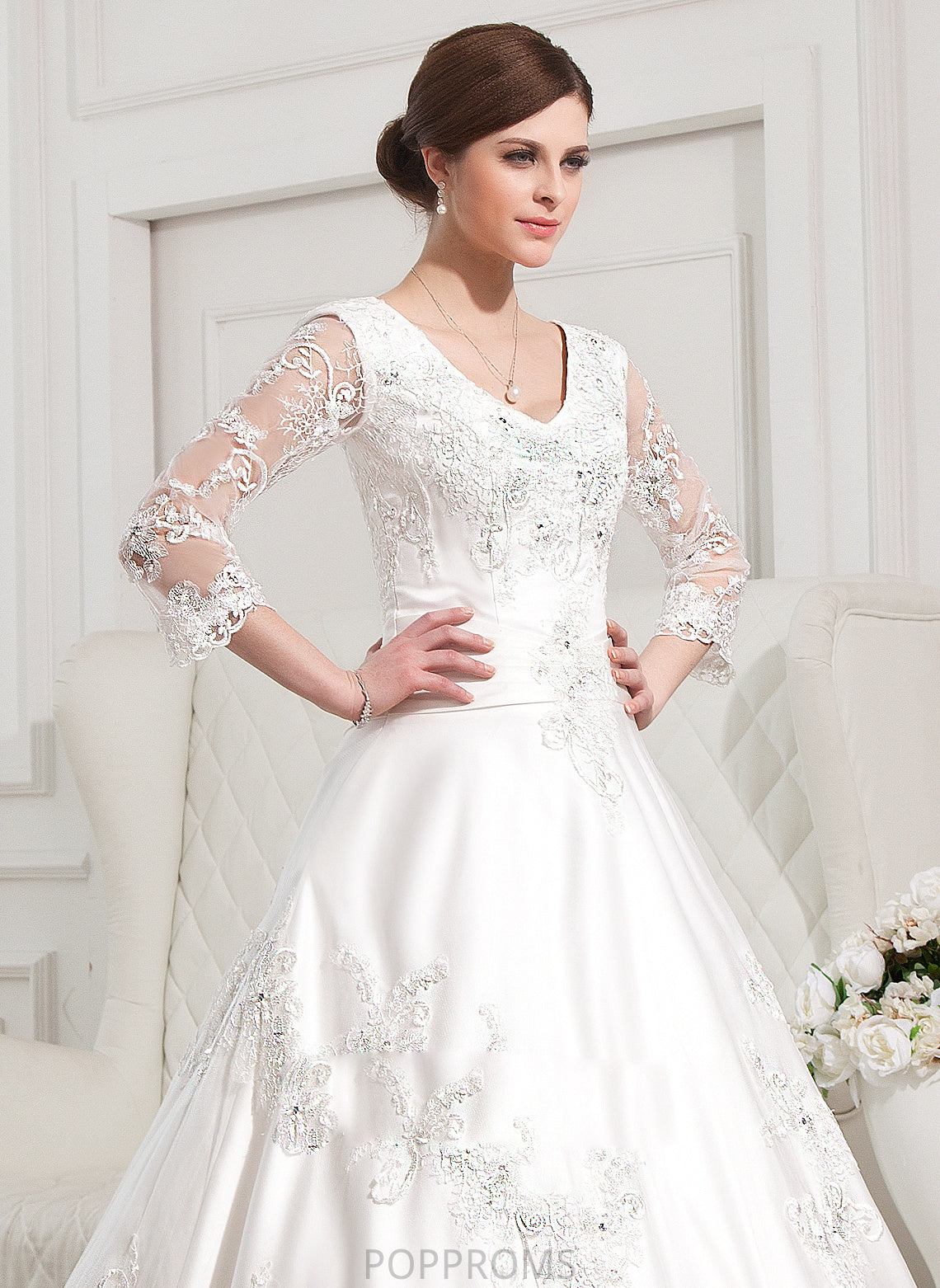 Wedding Train Dress Ball-Gown/Princess Kenley Beading V-neck Satin Chapel Lace With Wedding Dresses Appliques