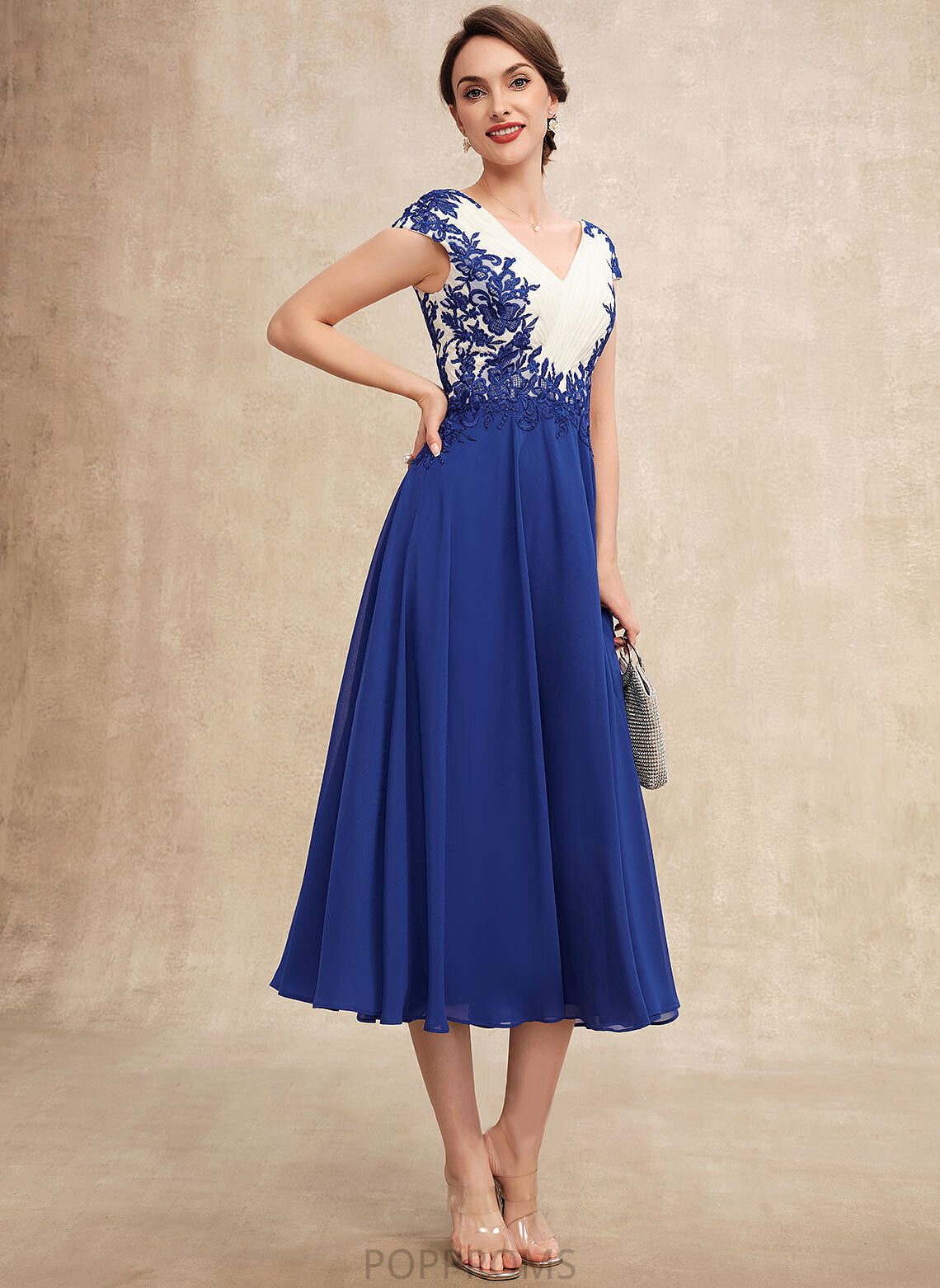 A-Line Ruffle Tea-Length Megan Chiffon With Mother V-neck Lace Dress Mother of the Bride Dresses the of Bride