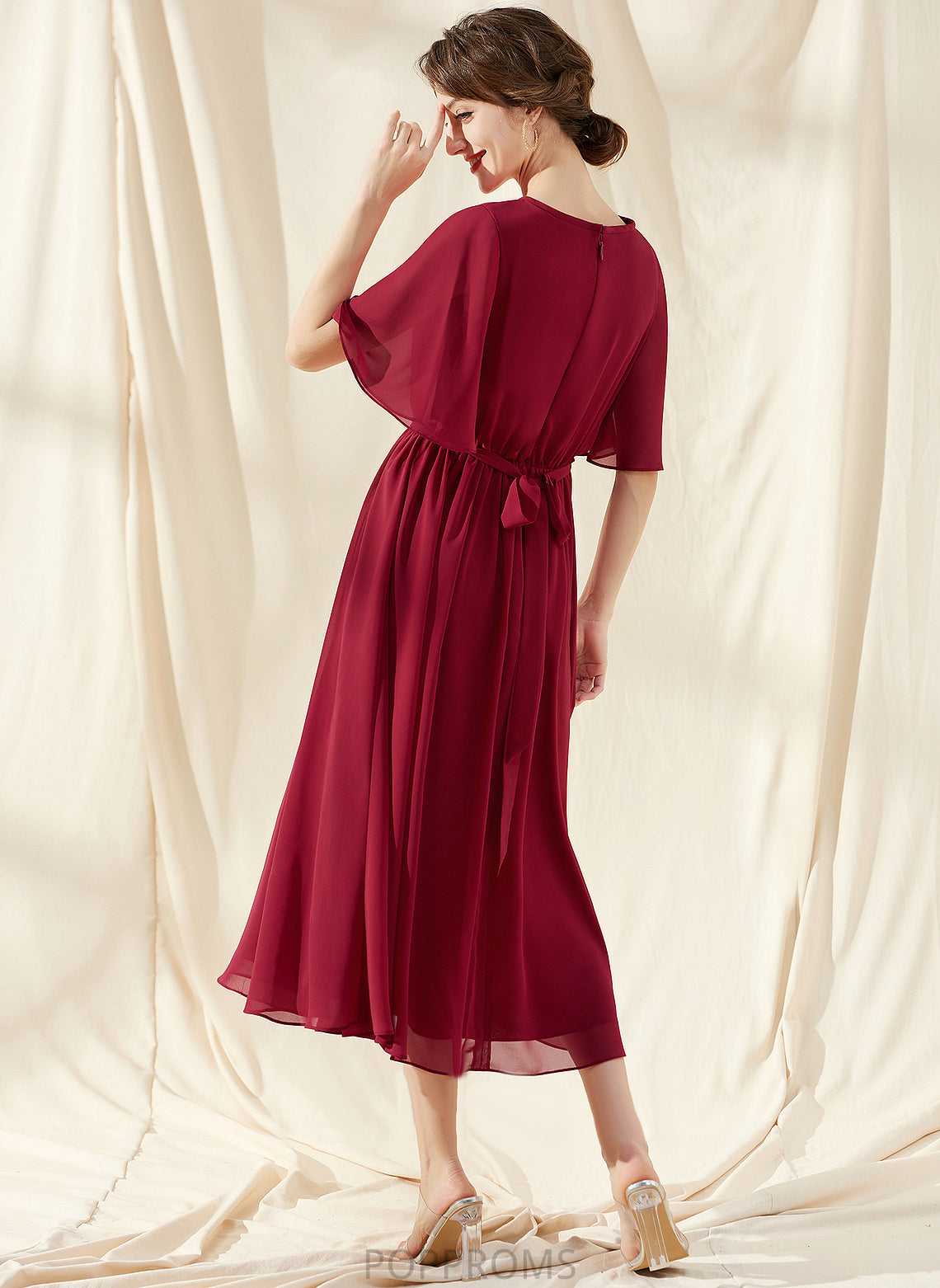 Chiffon Scoop Dress Cocktail Dresses With Ruffle Tea-Length Bow(s) Cocktail A-Line Neck Karen