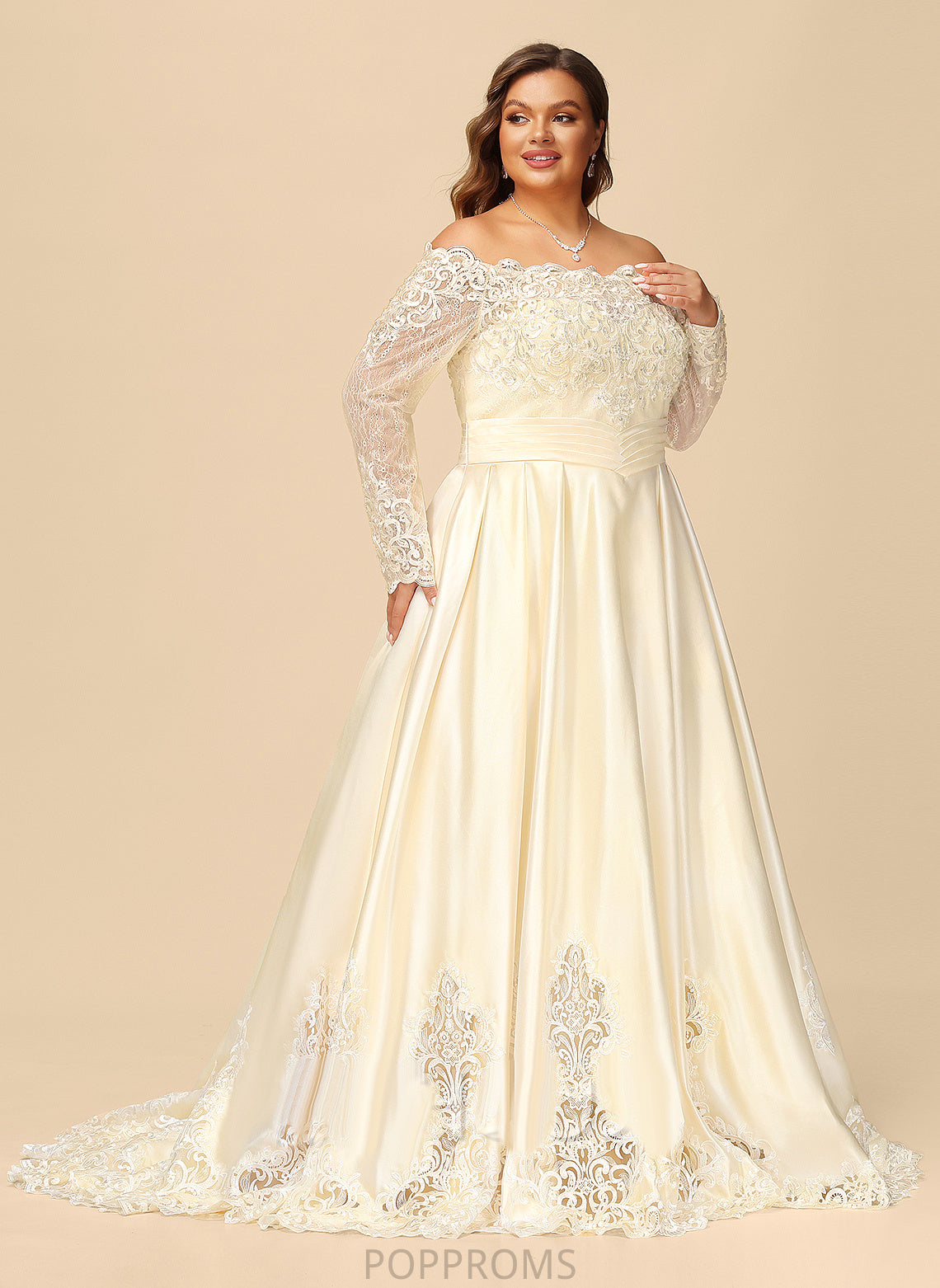 Off-the-Shoulder Satin Wedding Dresses Beading Sequins Jocelynn Dress Sweep Train With Wedding Lace Ball-Gown/Princess