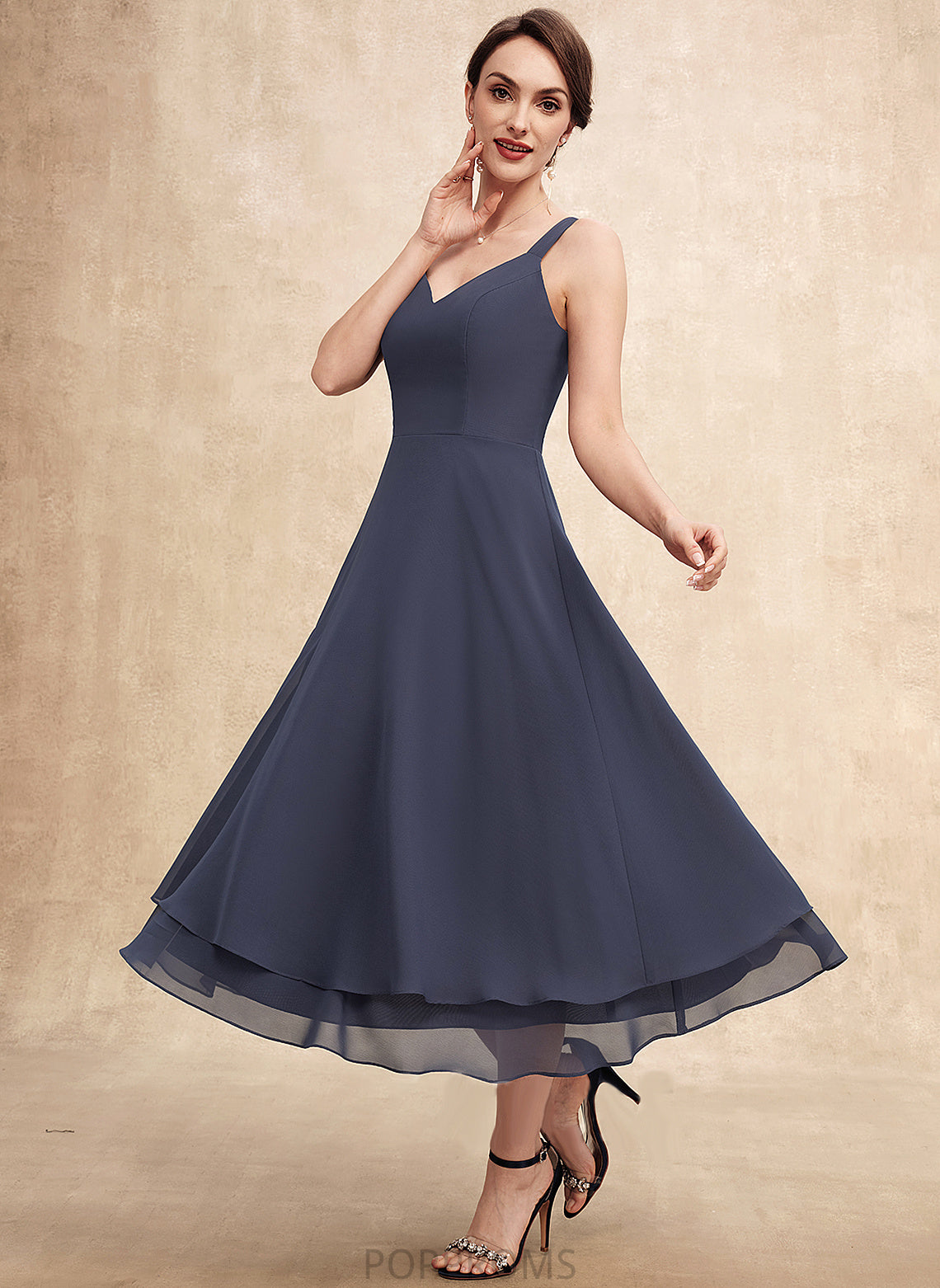 Bride V-neck Miley Mother Mother of the Bride Dresses A-Line Chiffon Tea-Length of the Dress