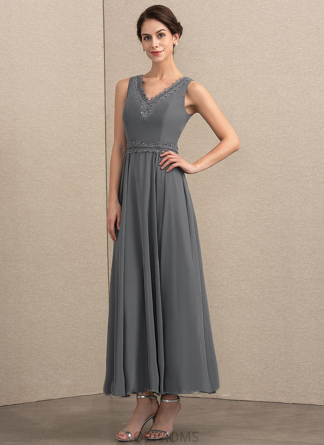 the A-Line V-neck Mother of the Bride Dresses Ankle-Length Bride With Beading Chiffon of Dress Sequins Jazlyn Mother