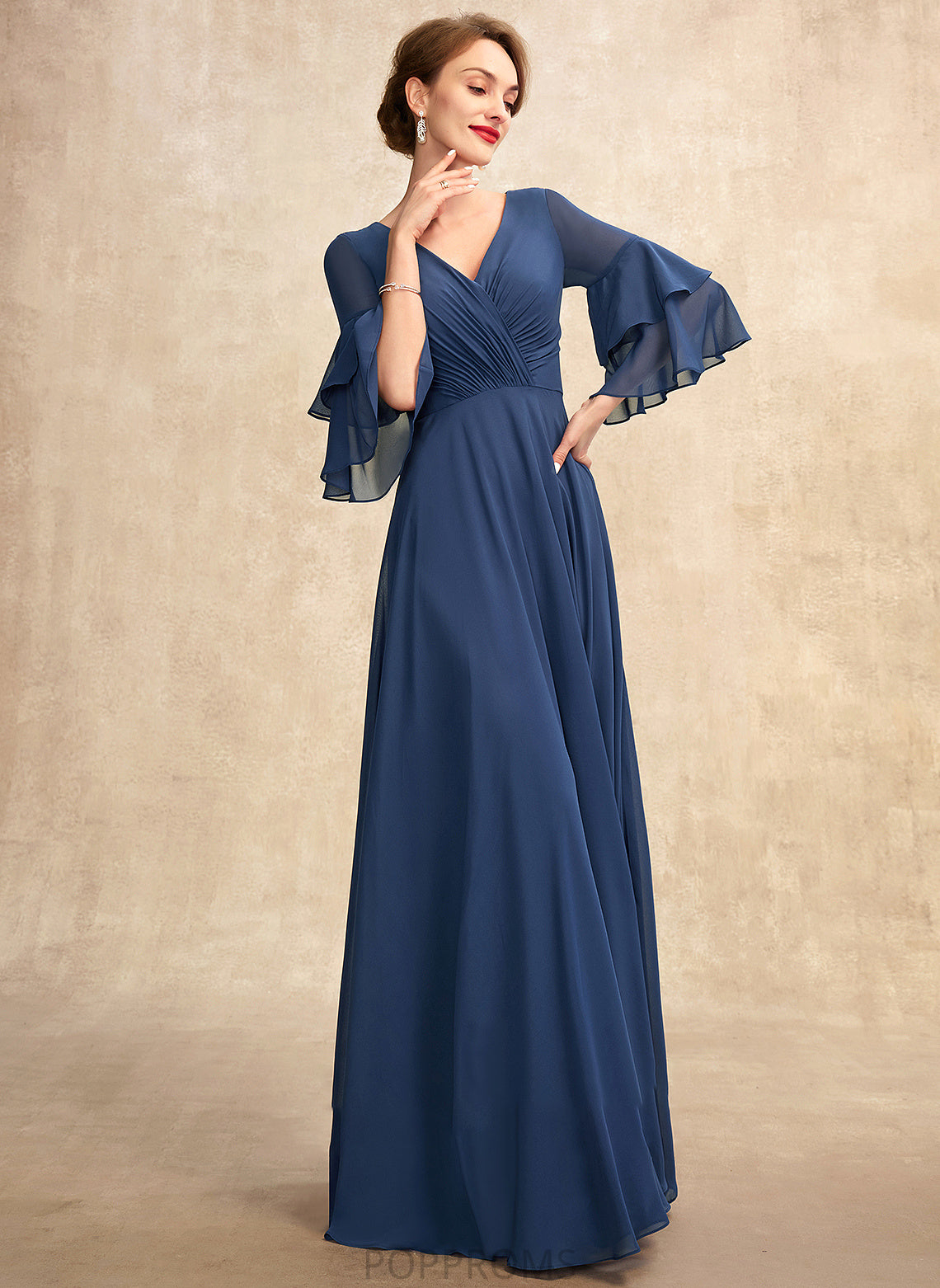 Bride Floor-Length of the With Ruffles V-neck Mother A-Line Chiffon Adriana Mother of the Bride Dresses Dress Cascading