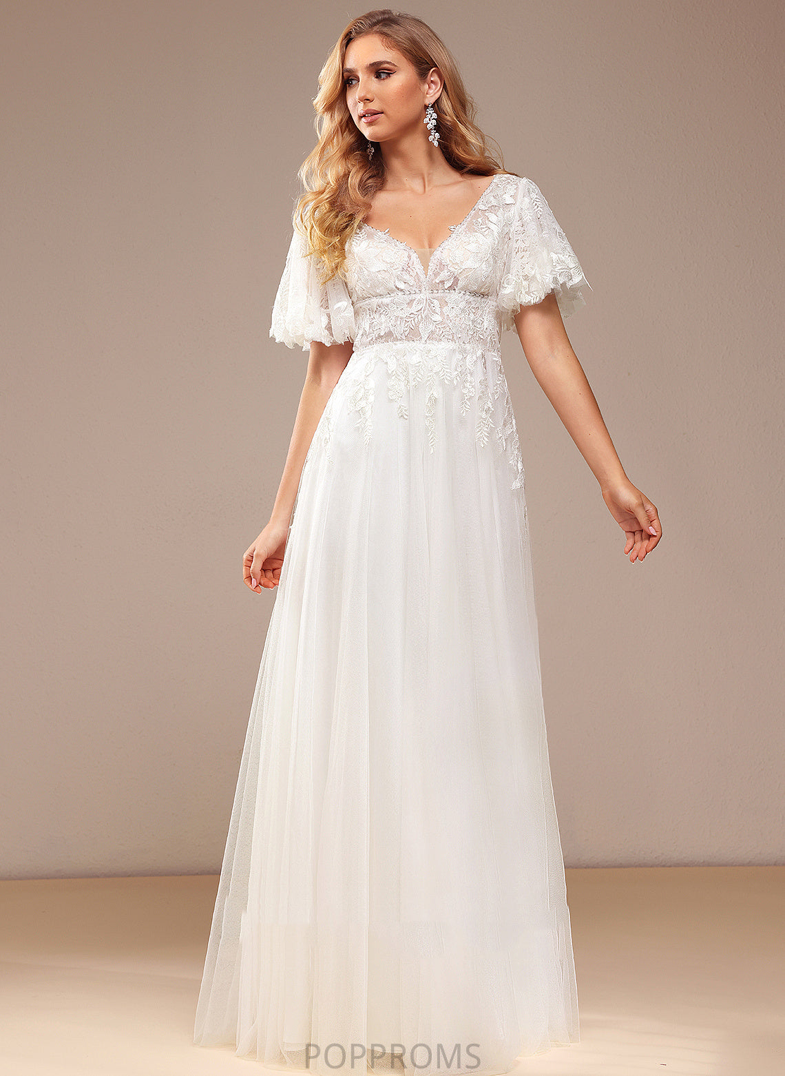 Tulle V-neck With Lace Wedding Dresses A-Line Wedding Beading Sequins Floor-Length Madelynn Dress Lace