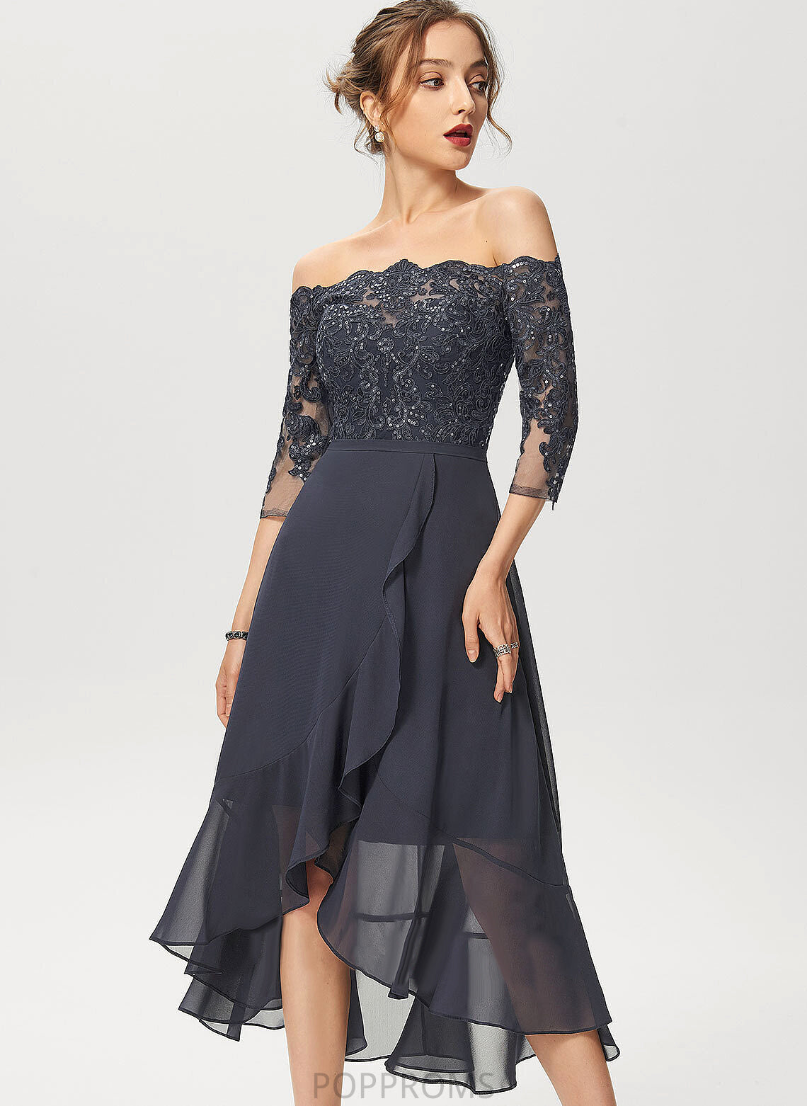 Off-the-Shoulder Cocktail Dresses With A-Line Asymmetrical Nancy Cocktail Lace Chiffon Sequins Dress