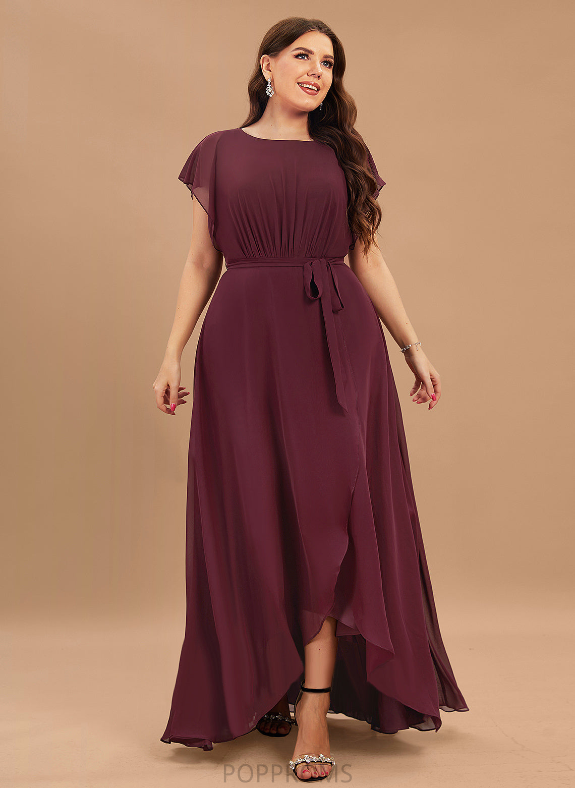 ScoopNeck Fabric Asymmetrical Neckline Embellishment A-Line Ruffle Length Silhouette Jakayla V-Neck Natural Waist Bridesmaid Dresses