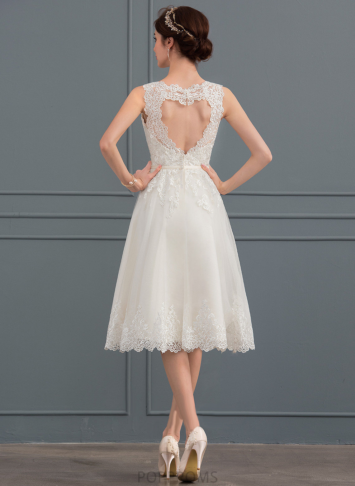 Lace Dress Wedding Bow(s) With Wedding Dresses Satin Tulle A-Line Emely Illusion Knee-Length