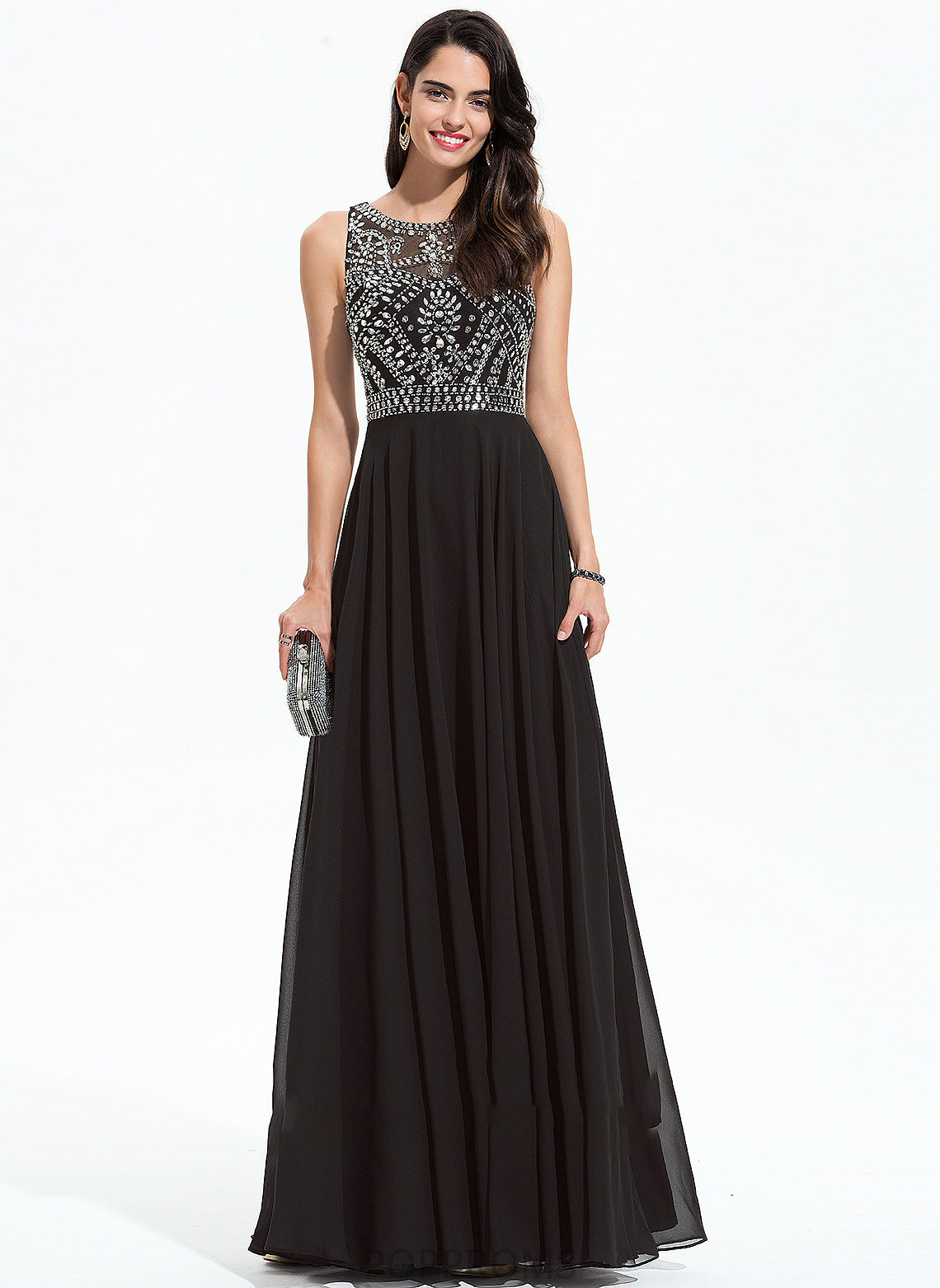 Yamilet Sequins Chiffon Neck Scoop Prom Dresses Beading A-Line With Floor-Length