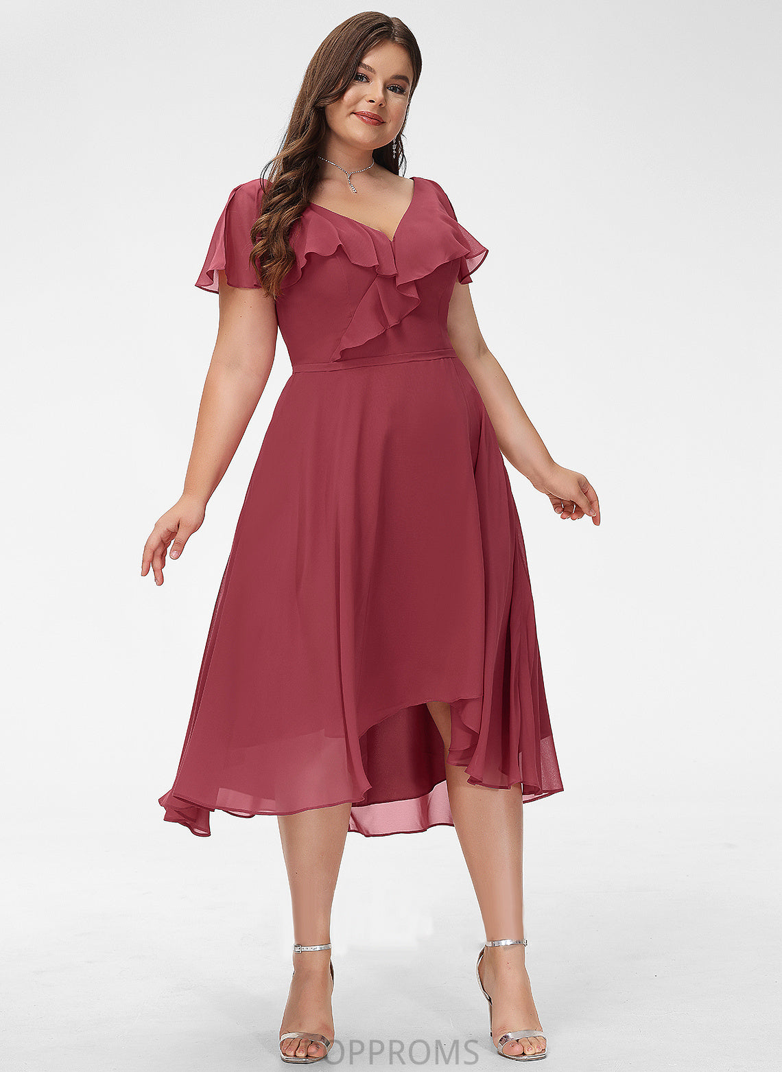 Cocktail Dresses Chiffon A-Line Asymmetrical Dress V-neck Ruffle Cocktail Patricia With