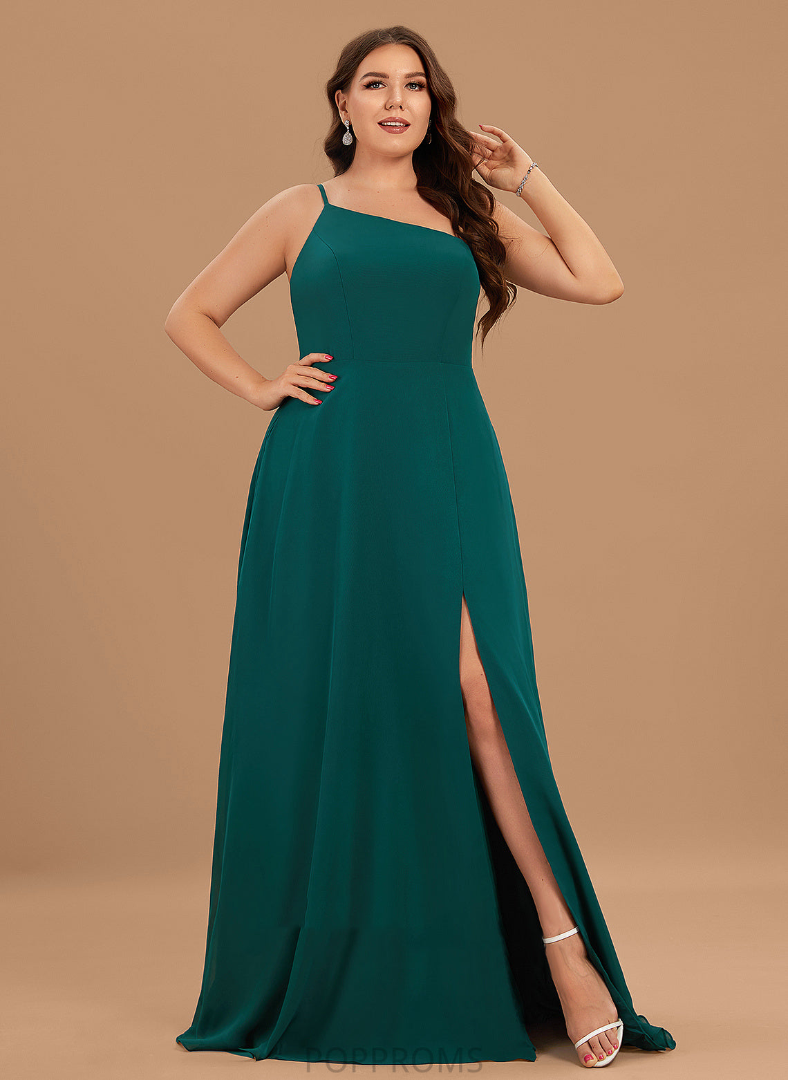 One-Shoulder Silhouette Pockets A-Line Length SplitFront Floor-Length Fabric Neckline Embellishment Ainsley Natural Waist Bridesmaid Dresses