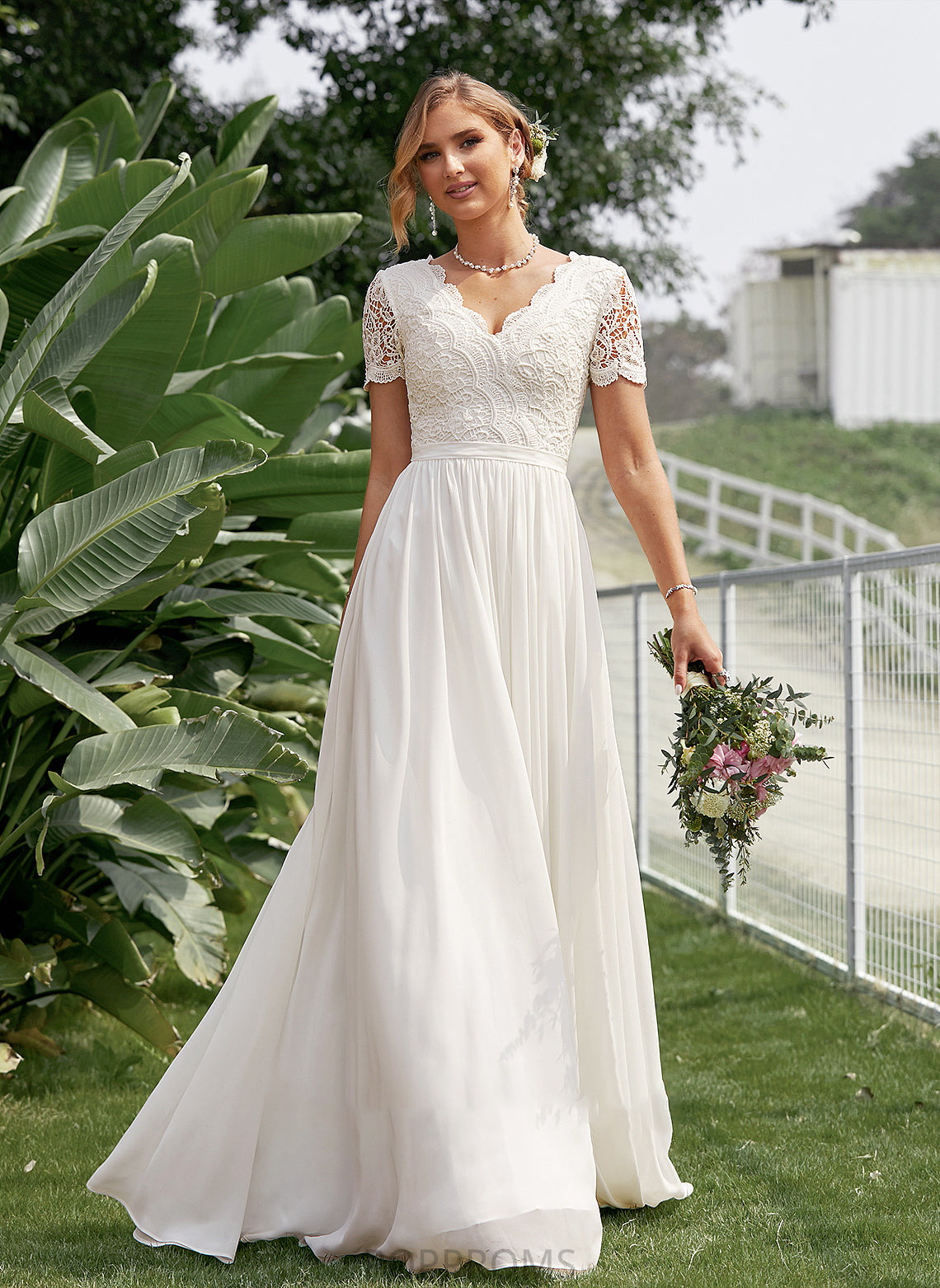 Dress Wedding Wedding Dresses Lace Krystal Chiffon V-neck A-Line Floor-Length