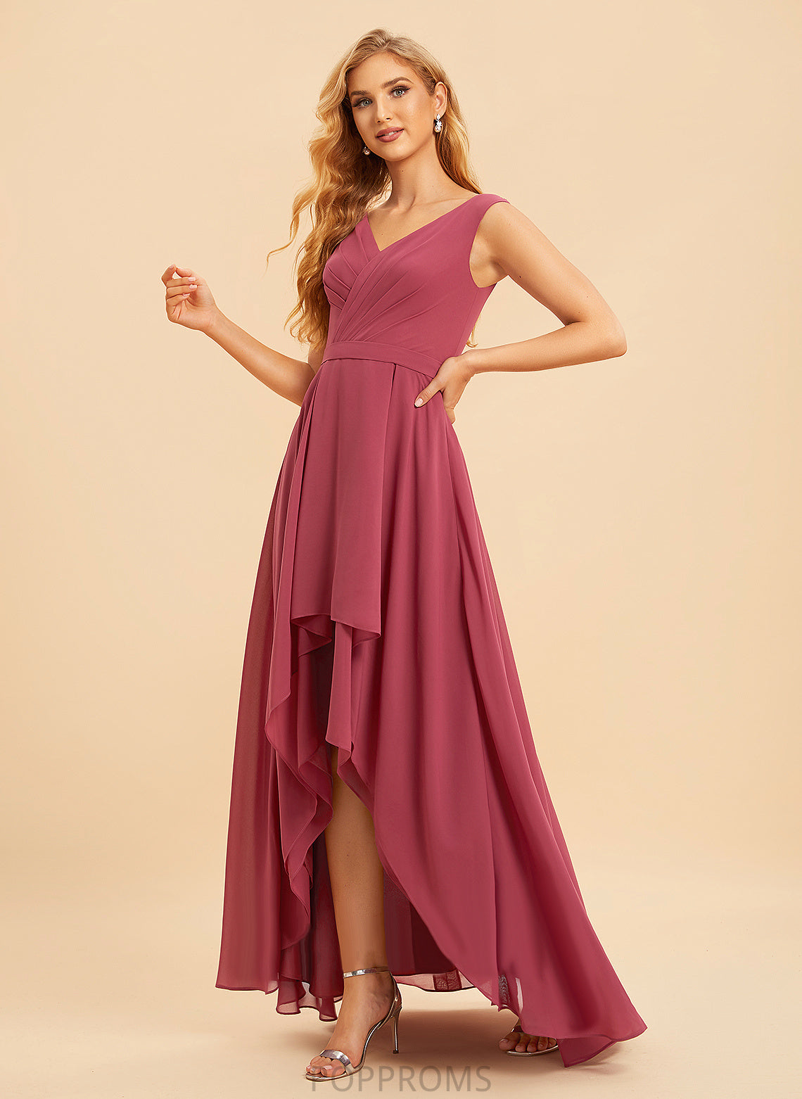 Neckline Ruffle A-Line Fabric Silhouette Embellishment V-neck Length Asymmetrical Kaia Natural Waist Spaghetti Staps Bridesmaid Dresses