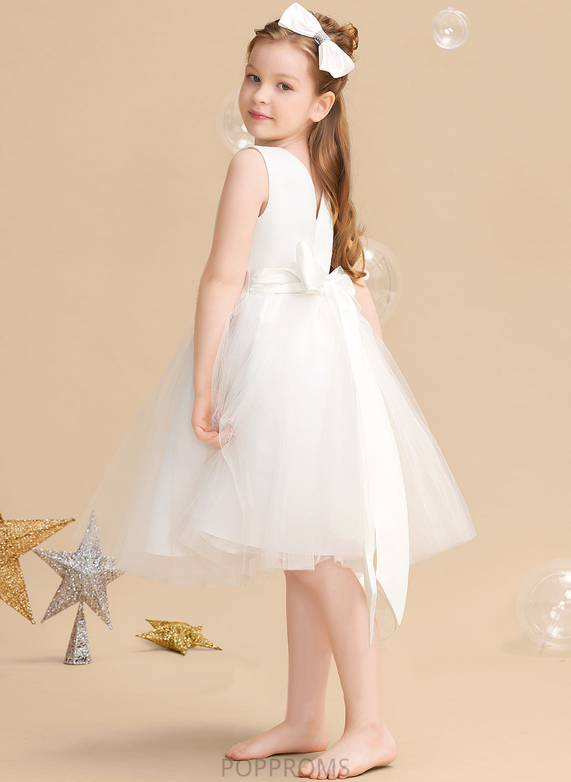 Knee-length Satin/Tulle A-Line Bow(s) Dress - With Flower Sleeveless Girl Flower Girl Dresses Joselyn V-neck