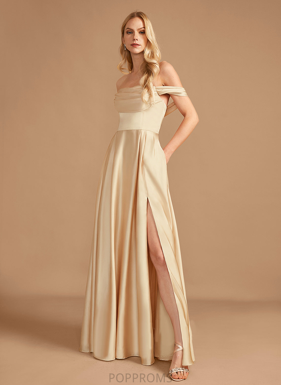 A-Line Embellishment SplitFront Length Silhouette Fabric Neckline Pockets Off-the-Shoulder Floor-Length Samara Floor Length Bridesmaid Dresses