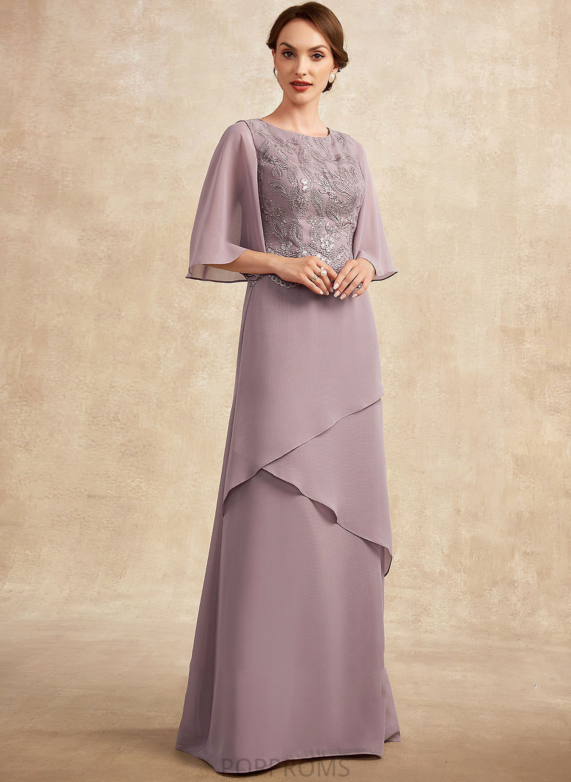 Dress Floor-Length Sequins the Chiffon Scoop Neck Kendal A-Line of Mother of the Bride Dresses Ruffles Cascading Lace With Mother Bride