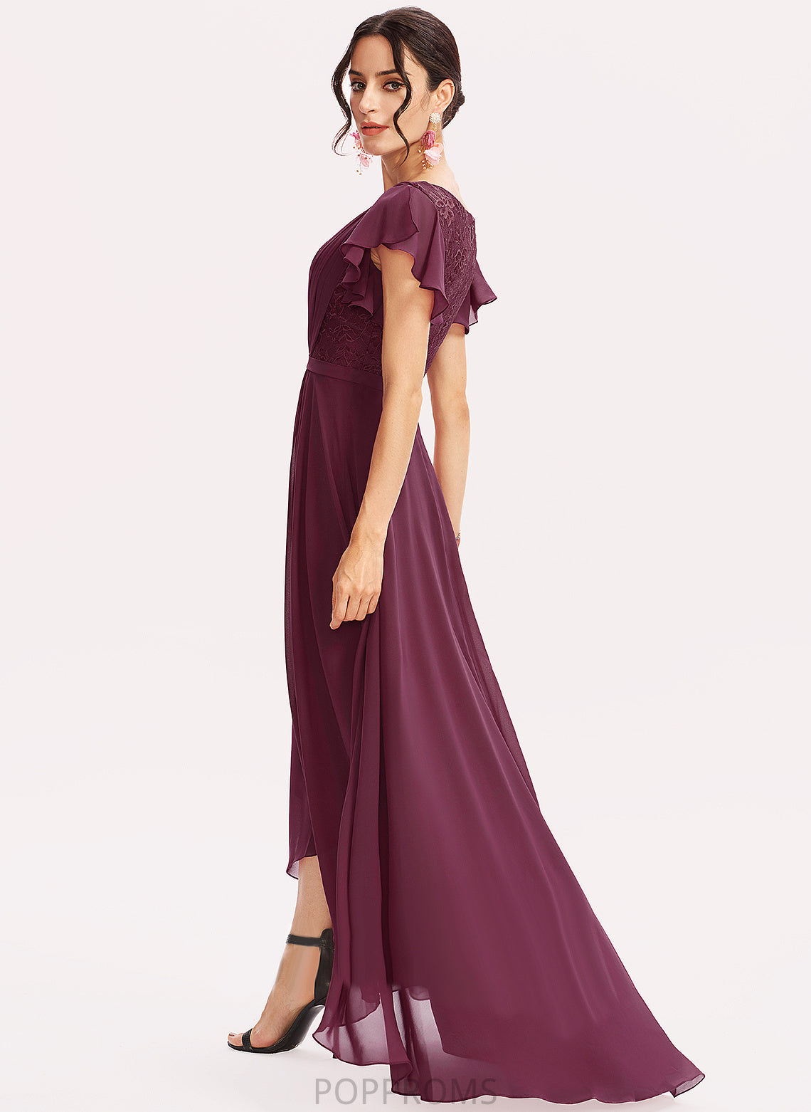 Ruffles Cocktail Dresses Chiffon Asymmetrical A-Line Cascading Nell Cocktail Lace V-neck Dress With