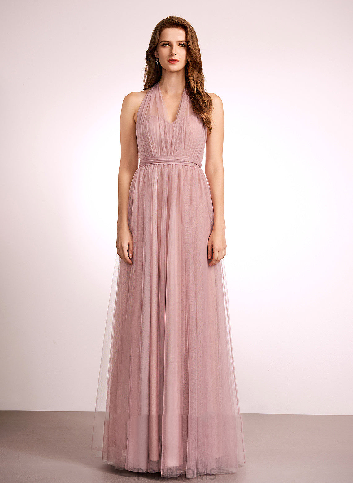 Floor-Length Tulle Neckline Off-the-Shoulder Fabric Length One-Shoulder Silhouette A-Line V-neck Straps Kristina Bridesmaid Dresses