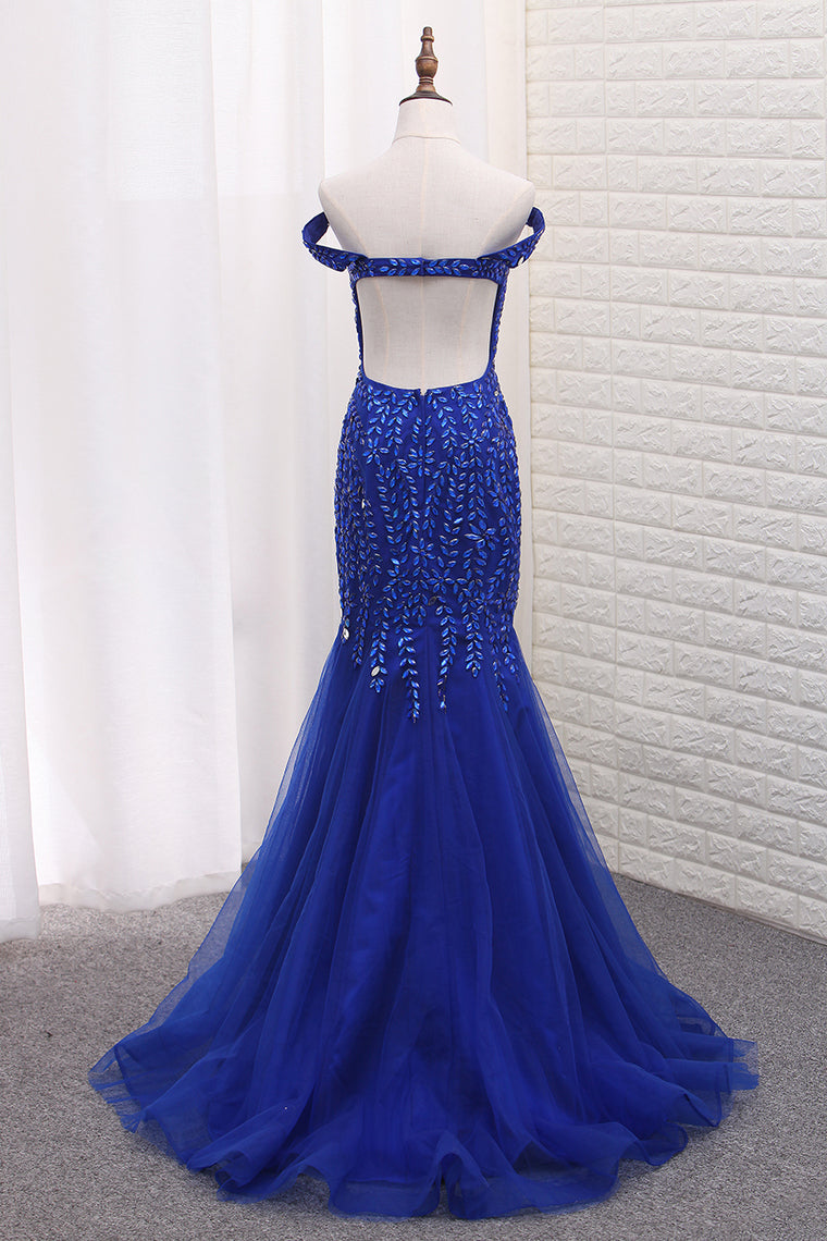 2024 Sexy Open Back Straps Mermaid Tulle Beaded Bodice Prom Dresses