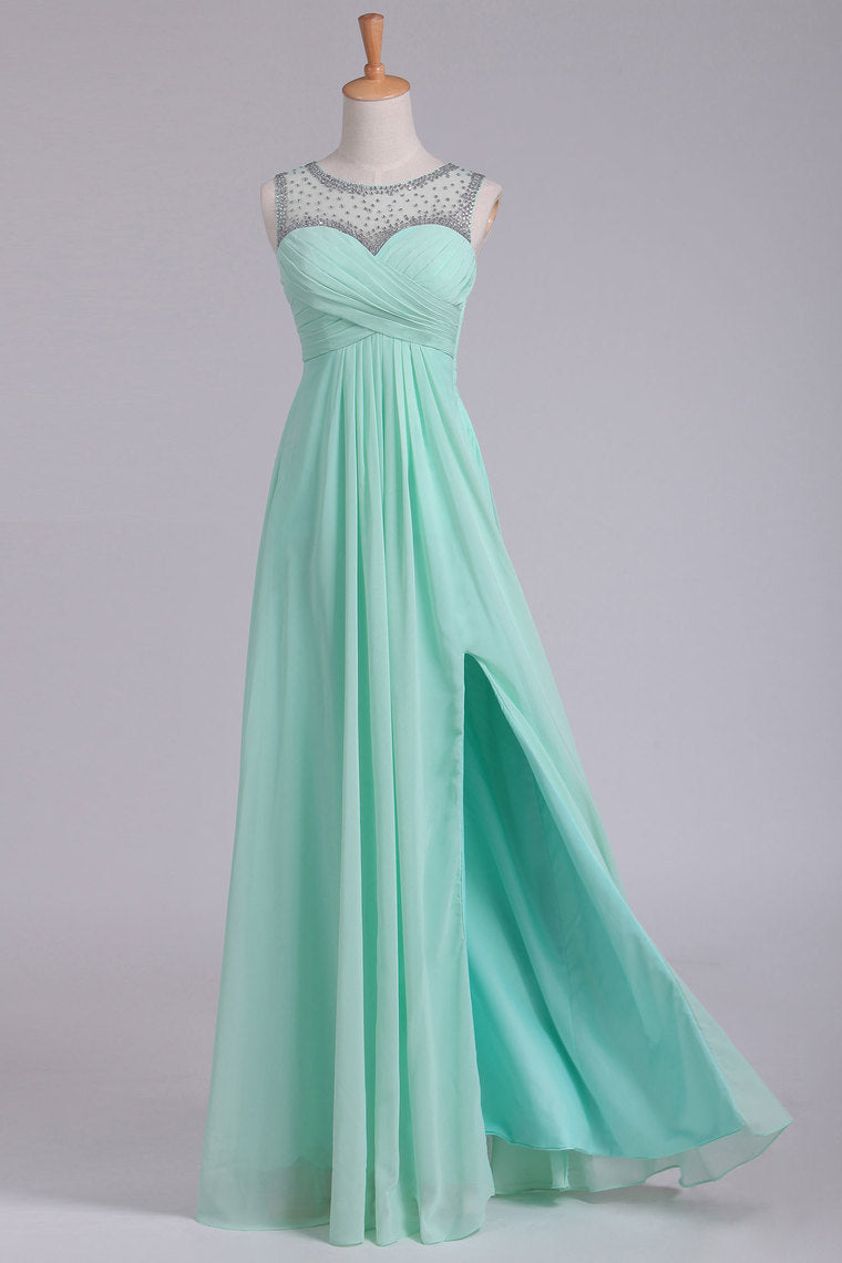 2024 Mint Scoop A Line Prom Dresses Chiffon With Beads & Ruffles Floor Length