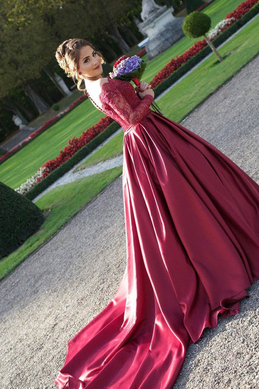 2024 A Line Scoop Prom Dresses Long Sleeves Satin With Applique Court Train