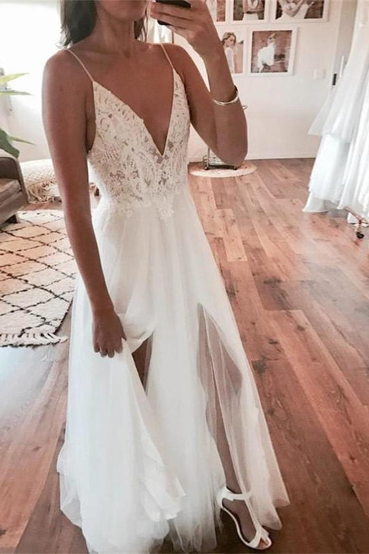 Flowy Spaghetti Straps Ivory Lace Tulle Long V-Neck Beach Wedding Dresses