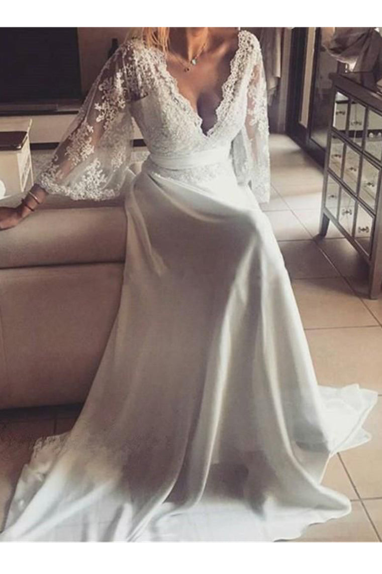 2024 Chiffon 3/4 Length Sleeves Wedding Dresses V Neck Open Back With Applique