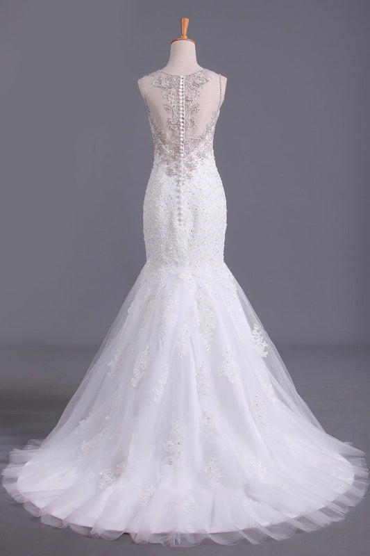 2024 Scoop Wedding Dresses Mermaid/Trumpet Sweep Train Tulle With Applique And Beads