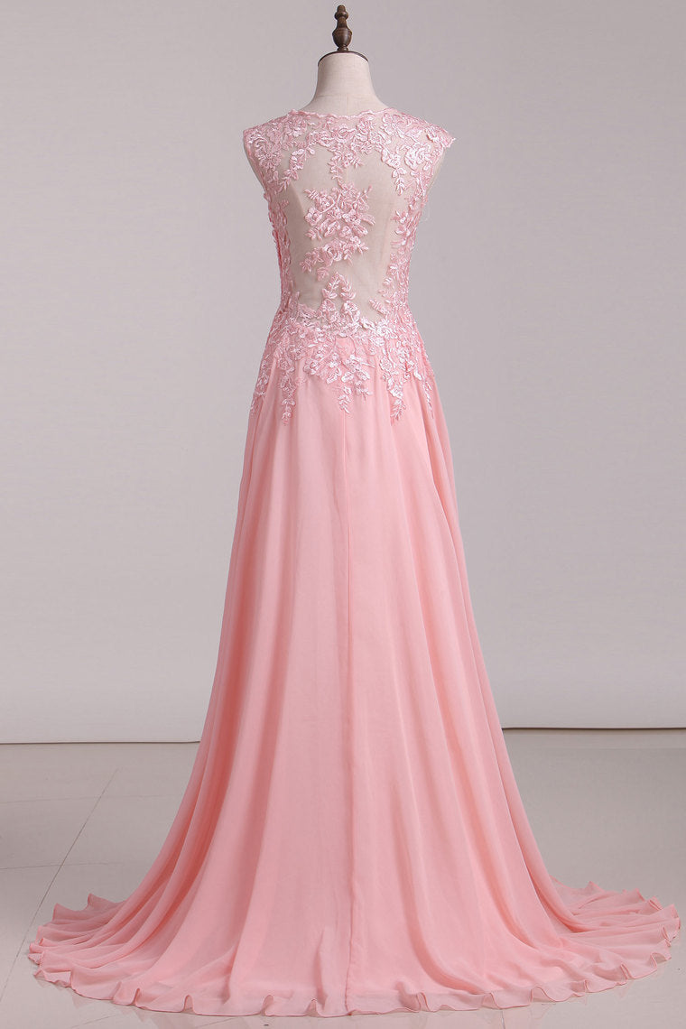 2024 A Line V Neck Prom Dresses Chiffon With Applique Sweep Train