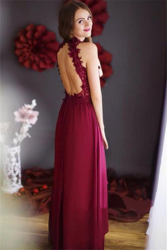 2024 High Neck Open Back With Applique Chiffon A Line Prom Dresses