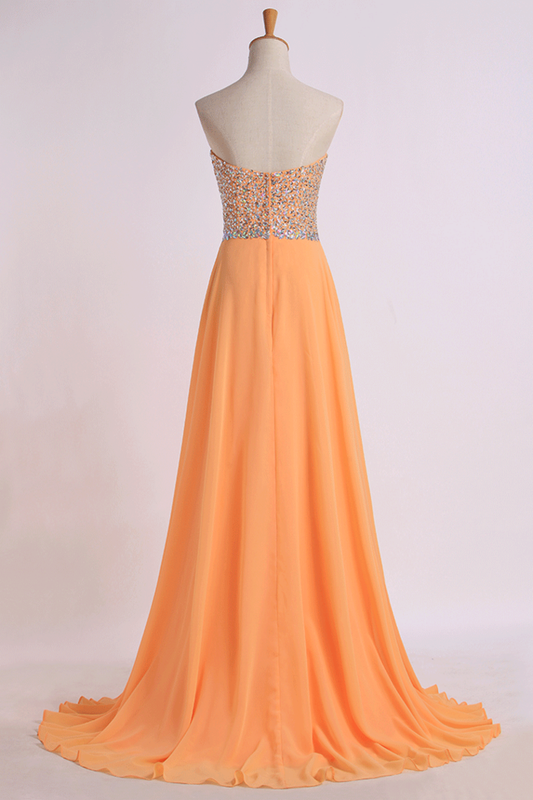 2024 Prom Dresses Sweetheart A Line Sweep Train Chiffon With Beads