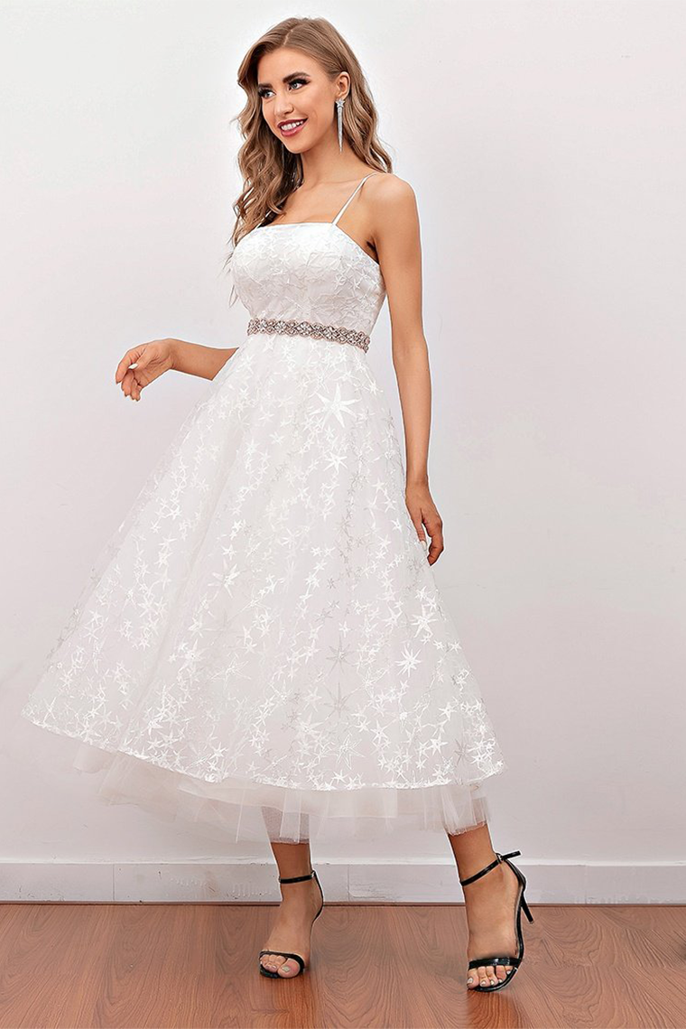 White Midi Lace Homecoming Dresses Selena Prom Dress