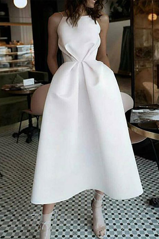 A-Line Tea-Length White Homecoming Dresses Amaya Prom Dress With Pockets