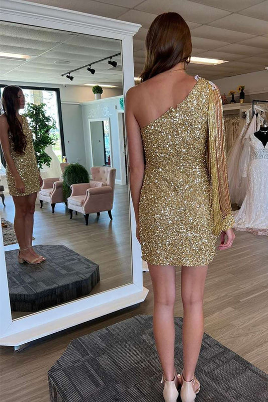 Sparkly Gold One Shoulder Sequins Short Homecoming Dresses