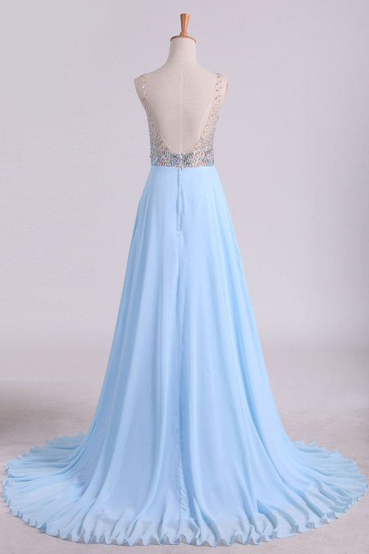 2024 Prom Dresses V Neck Beaded Bodice Sweep Train Chiffon A Line