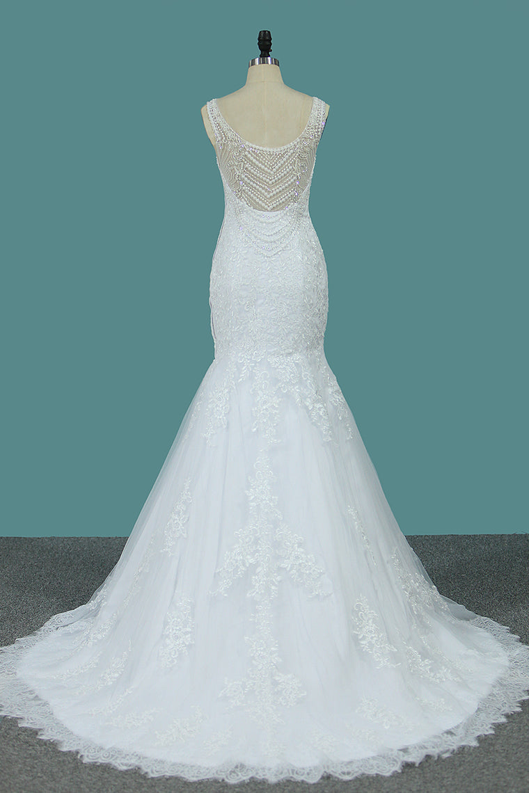 2024 New Arrival Wedding Dresses Scoop Mermaid Tulle With Applique And Beads