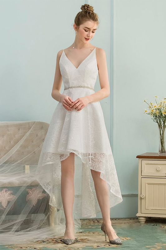 High Low Homecoming Dresses Jaliyah Lace Ivory V-Neck Asymmetrical