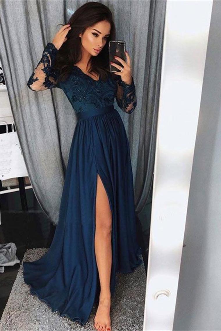 Pretty Long Sleevesl Navy Blue Lace Front Split Prom Dresses Women Dresses