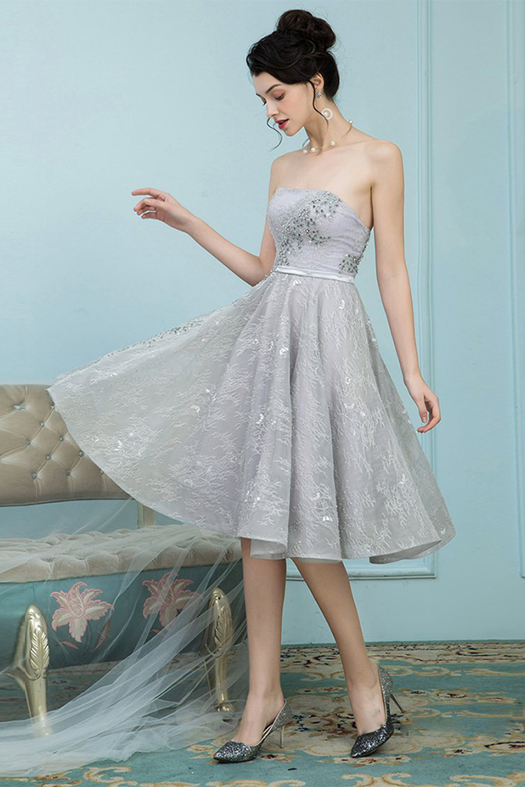 A-Line Strapless Lace Mia Homecoming Dresses Grey Ball Gown With Rhinestones