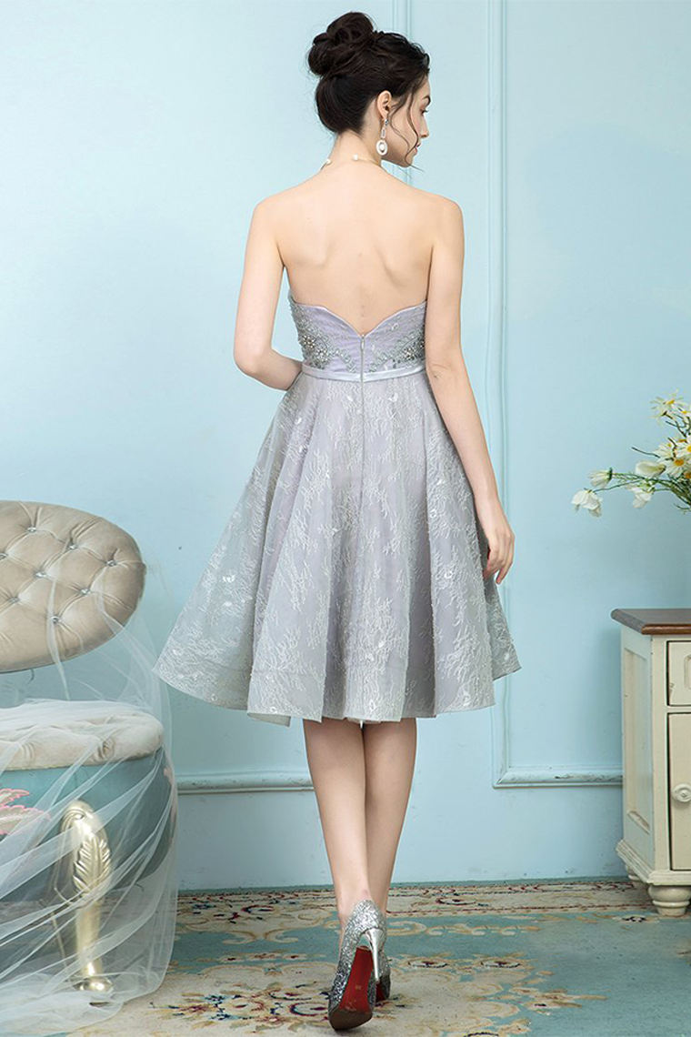 A-Line Strapless Lace Mia Homecoming Dresses Grey Ball Gown With Rhinestones