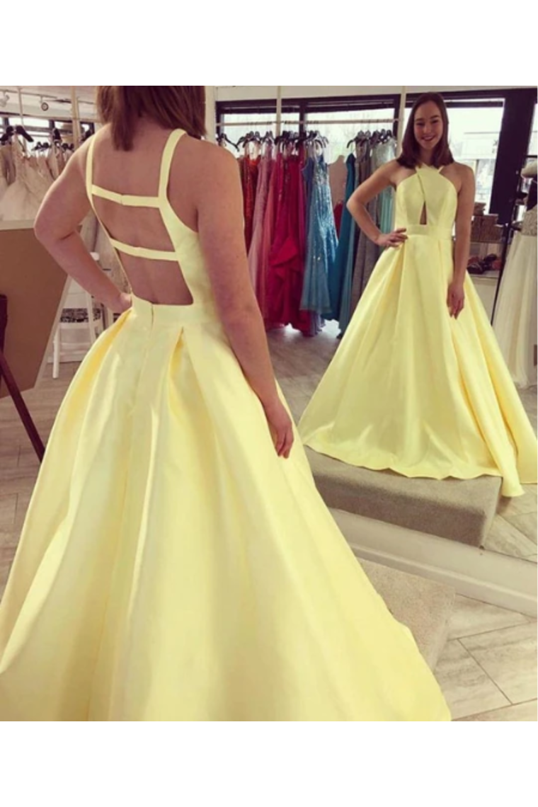 Daffodil Satin Sleeveless Criss-Cross Neckline Prom Dress With Sweep Train