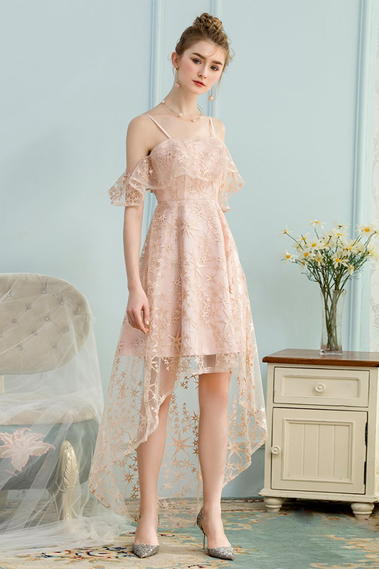 High Low A-Line Spaghetti Straps Lace Pink Homecoming Dresses Alexis Ice