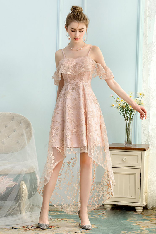 High Low A-Line Spaghetti Straps Lace Pink Homecoming Dresses Alexis Ice