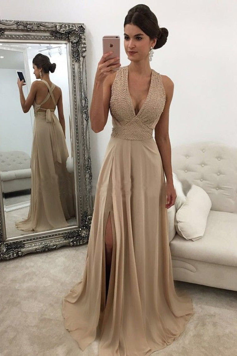 Charming Open Back V-Neck Front Split Champagne Beading Chiffon Prom Dresses