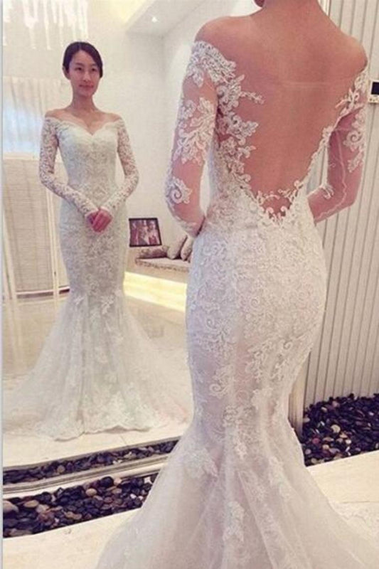 2024 Elegant Mermaid Wedding Dresses Off The Shoulder With Appliques Long Sleeves Zipper Up