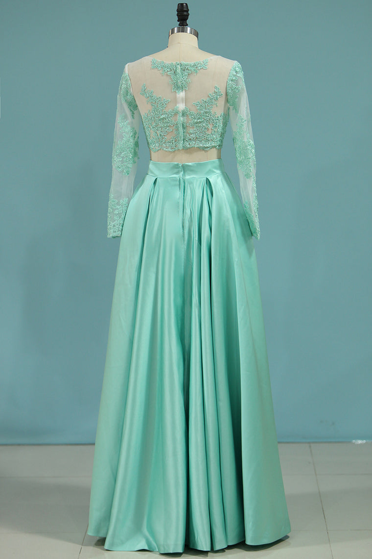 2024 Prom Dresses A-Line Scoop Floor-Length Satin & Lace Color Mint